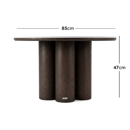 Round coffee table with dark walnut cylindrical base and light porcelain top, 85cm diameter, 47cm height