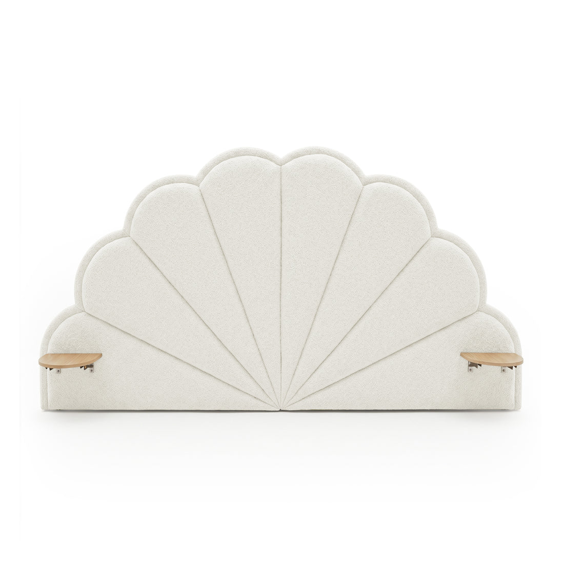Scallop upholstered headboard with wooden floating shelves on white background
