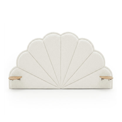Scallop upholstered headboard with wooden floating shelves on white background