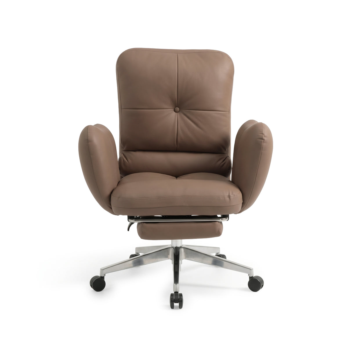Light brown leather office chair with tufted cushions and chrome swivel base on a white background