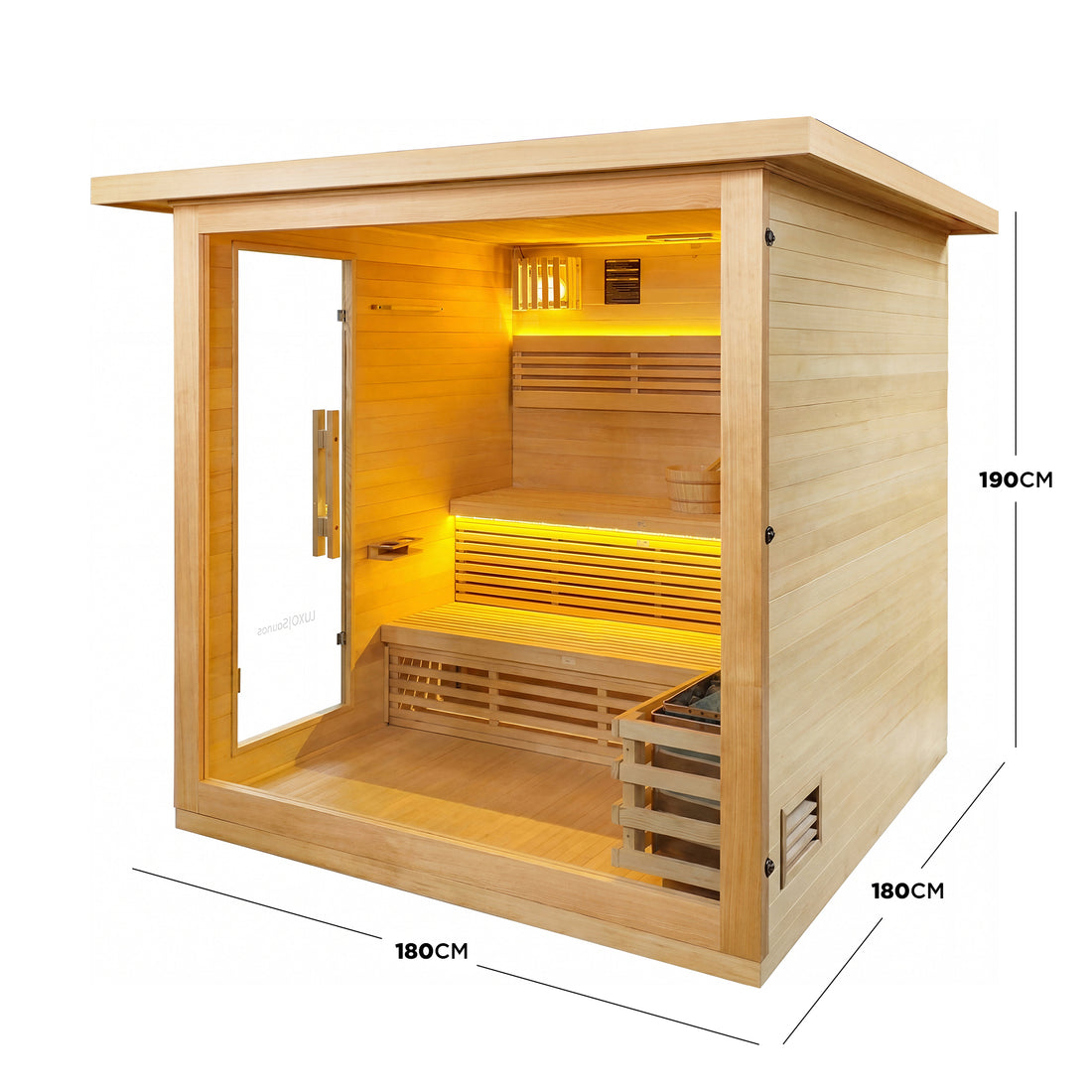 Modern wooden sauna cabin on a white background with measurements shown - Dimensions