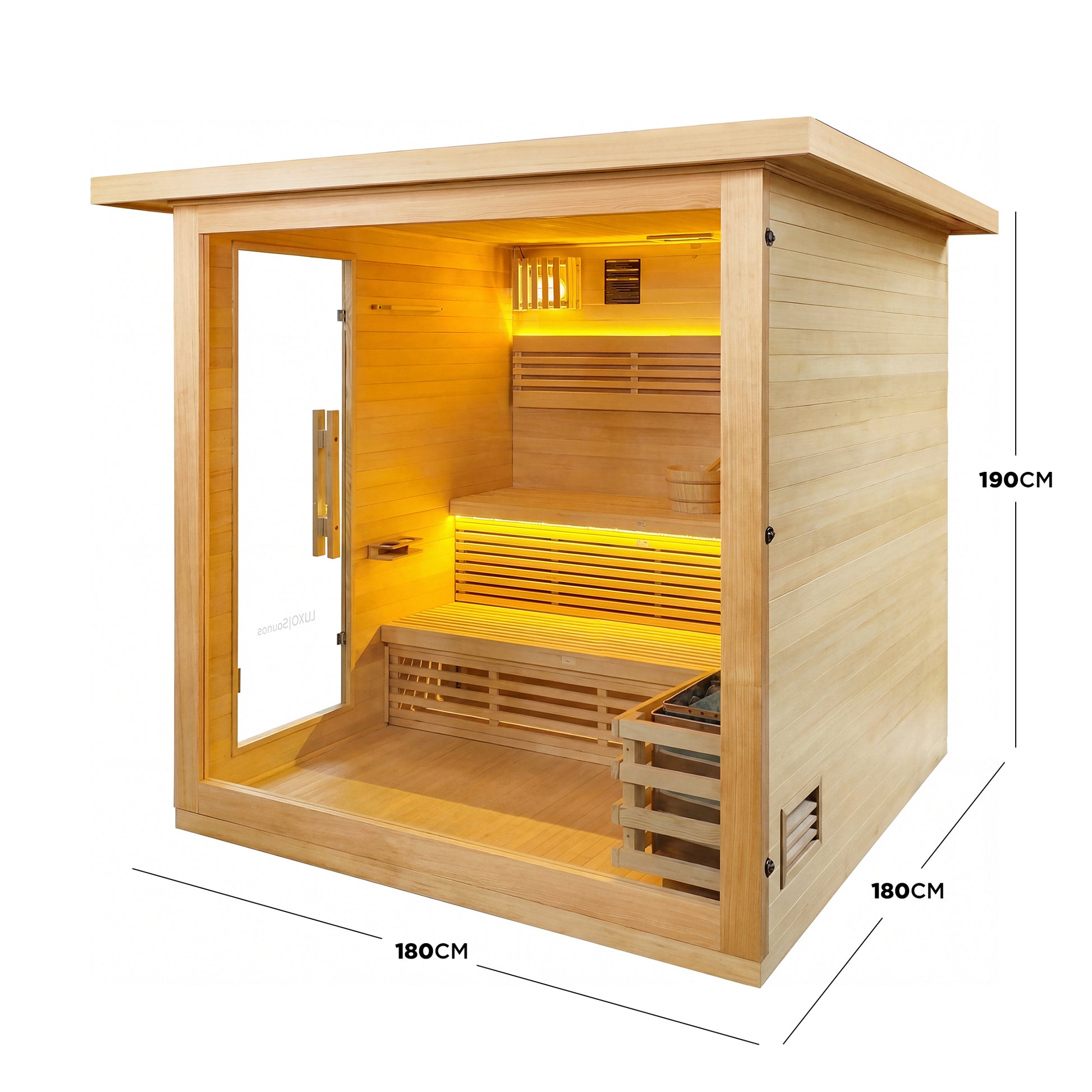 Modern wooden sauna cabin on a white background with measurements shown - Dimensions