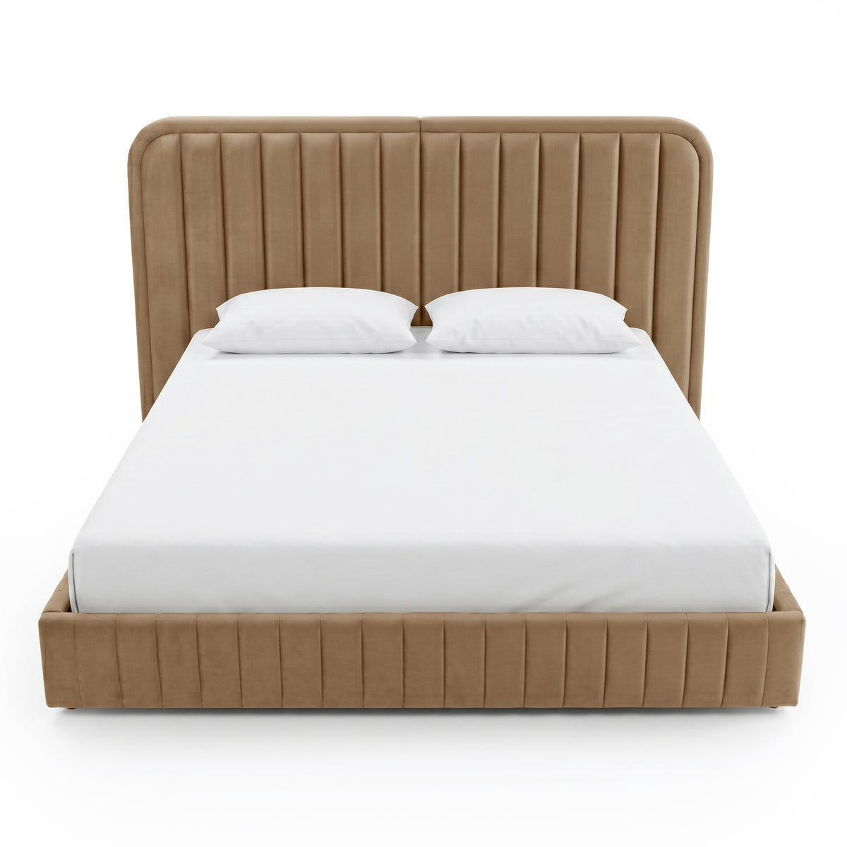 Modern upholstered bed with vertical stitching, mattress, and pillows on a white background