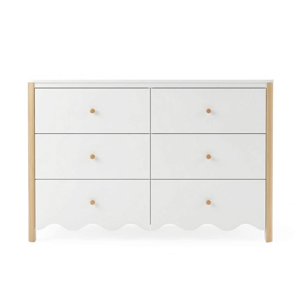 Front view of white six-drawer dresser with scalloped edge and wood accents on white background