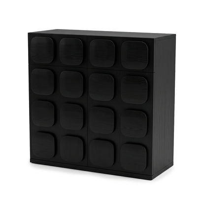 Angled view of a black cabinet with geometric front on a white background