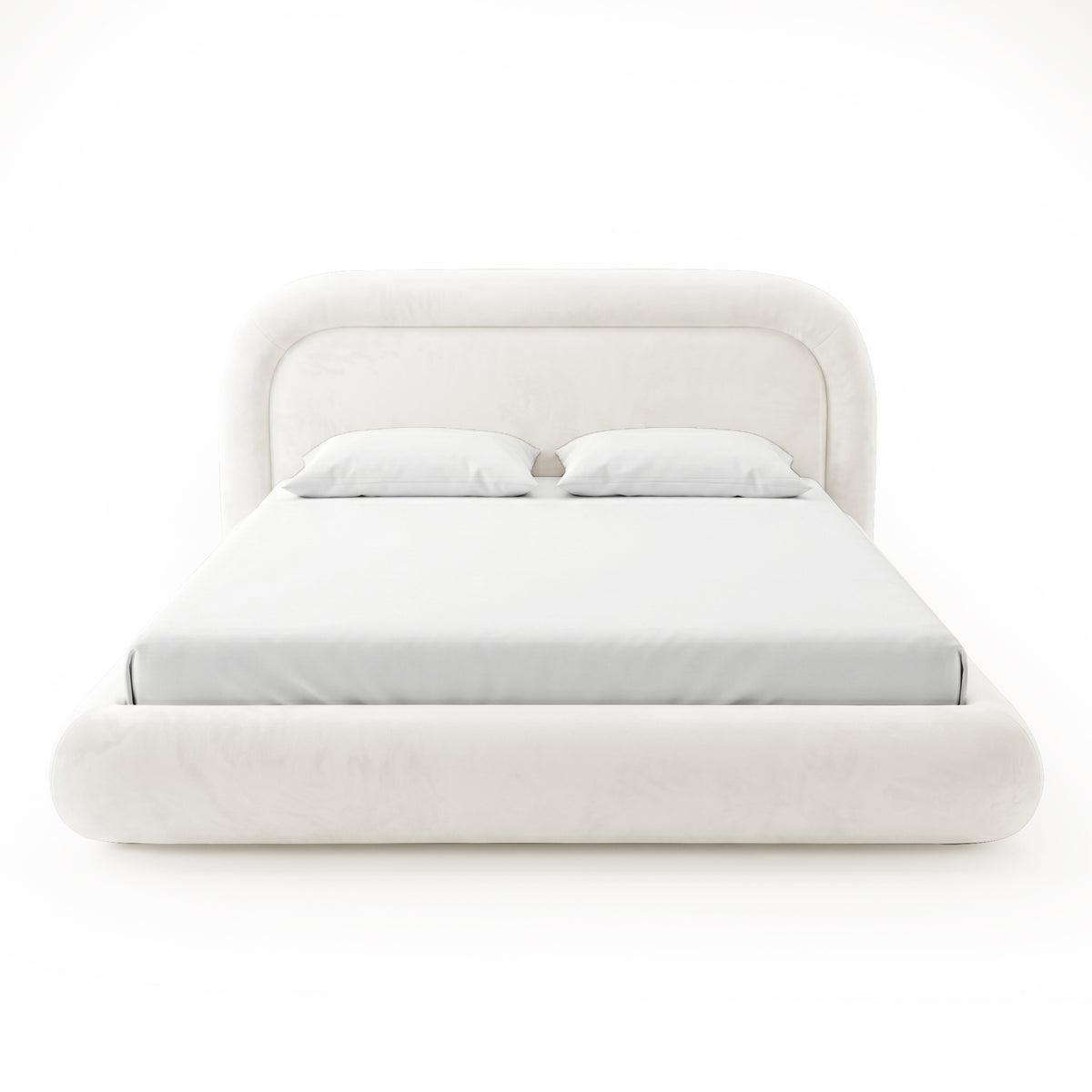Front view of upholstered bed with mattress and pillows on white background