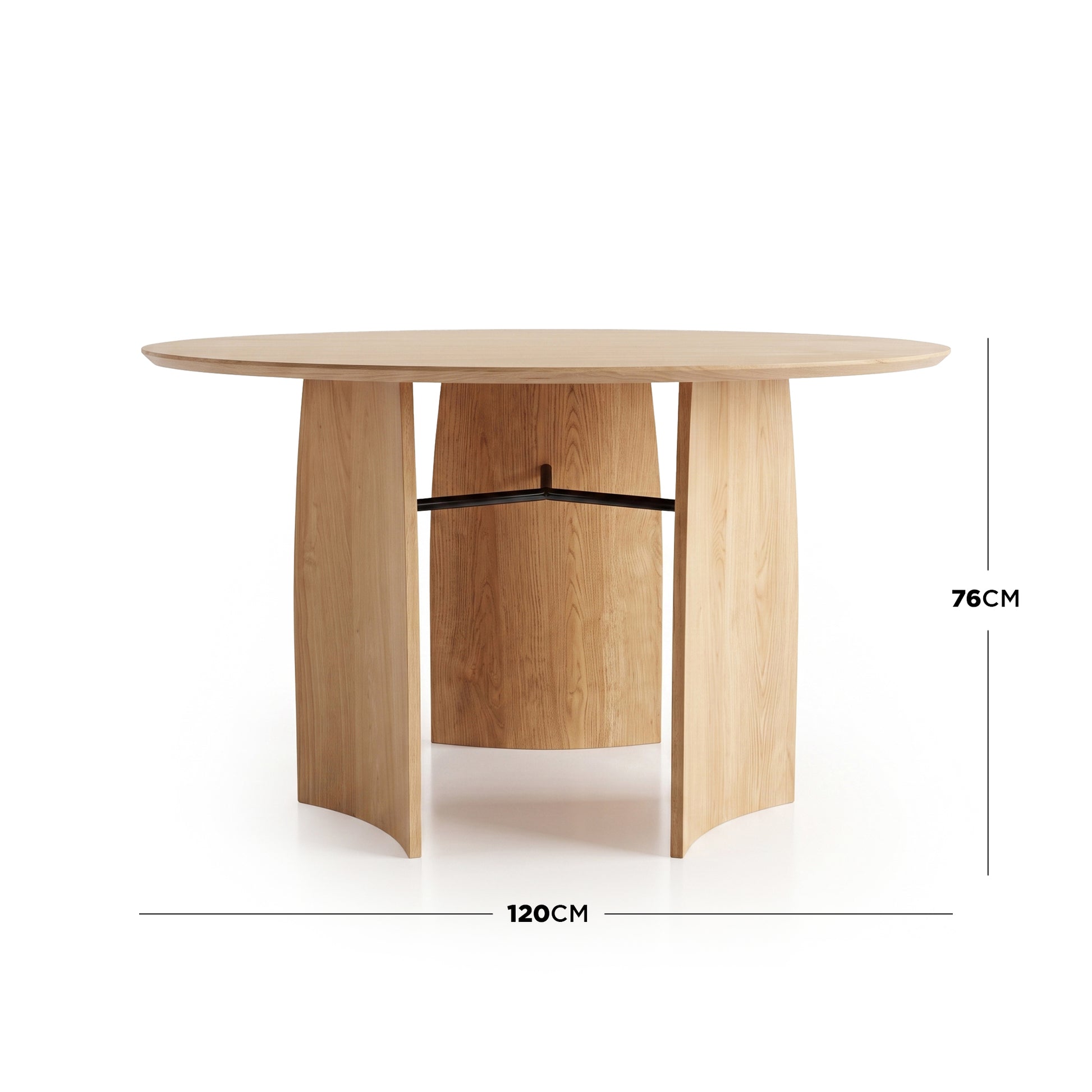 Round wooden table on white background with dimensions shown