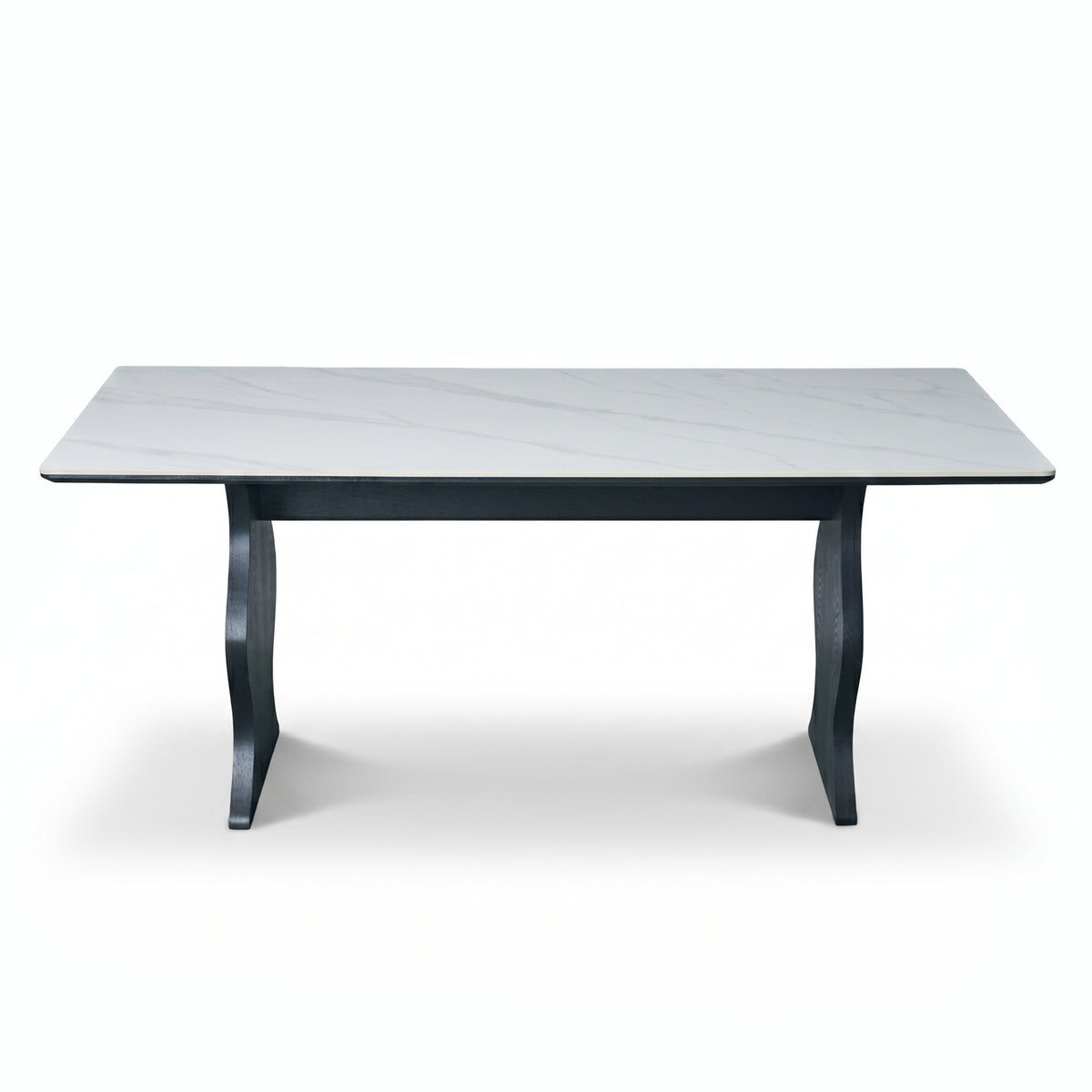 Full rectangular table with light marble-look top and dark sculptural legs on a white background