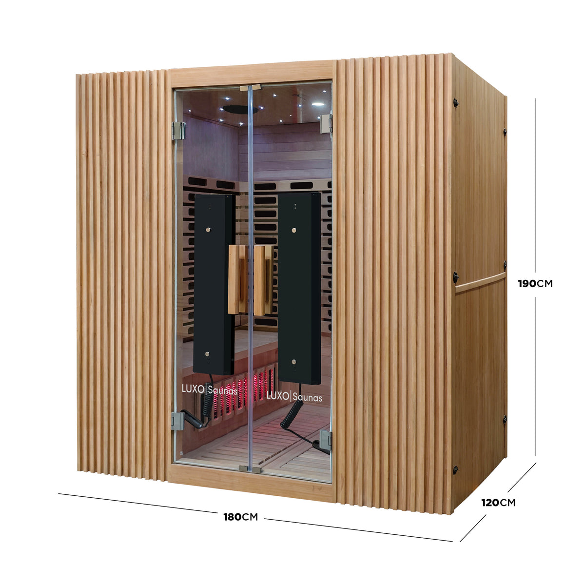 Wooden sauna cabin with dimension measurements shown on a white background - Dimensions