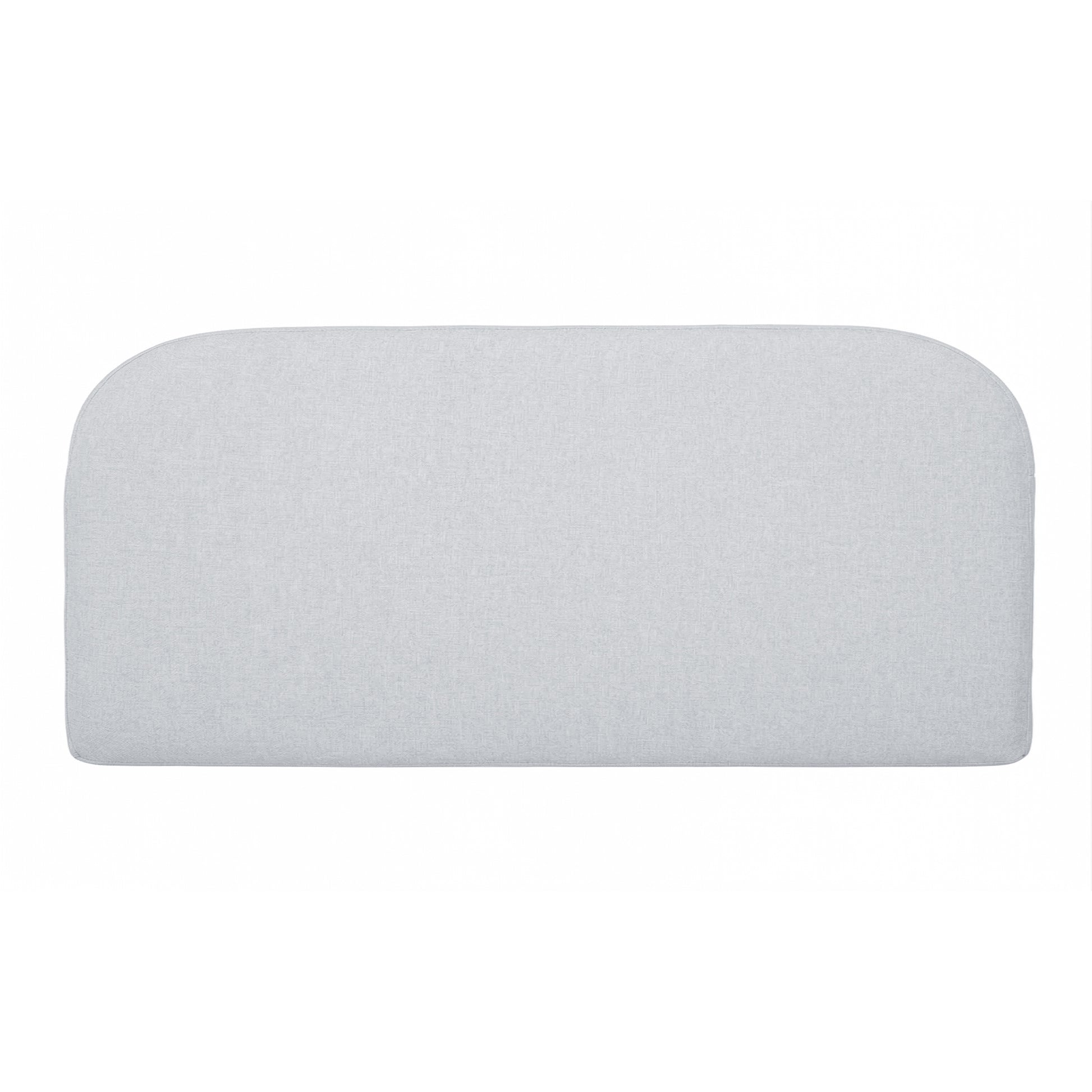 Light gray upholstered rectangular cushion with rounded corners on white background