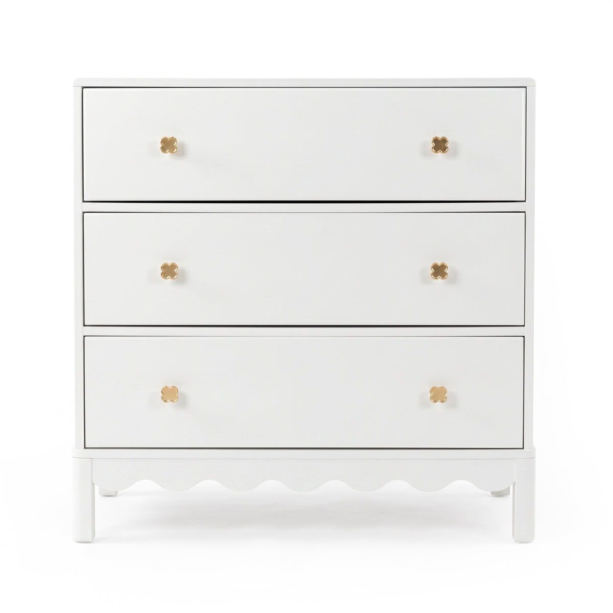 White three-drawer dresser with gold flower knobs on white background