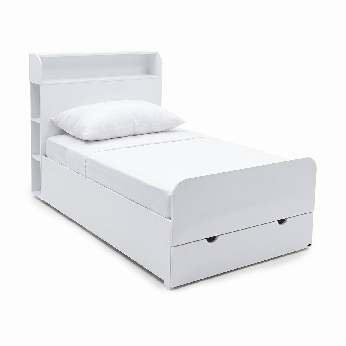 White single bed with shelf headboard and pull-out drawer on a white background.