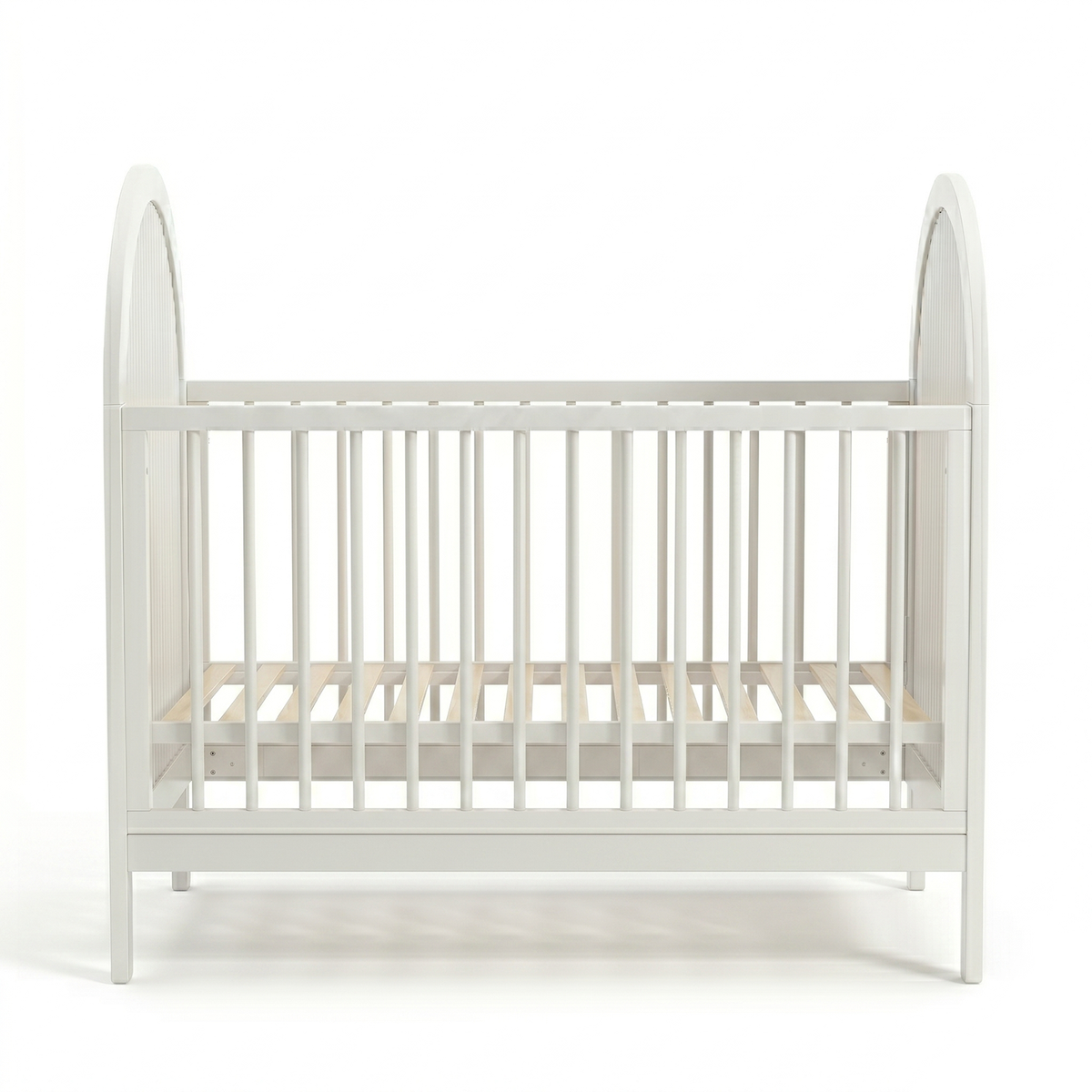 White baby crib on white background, front view showing the entire crib