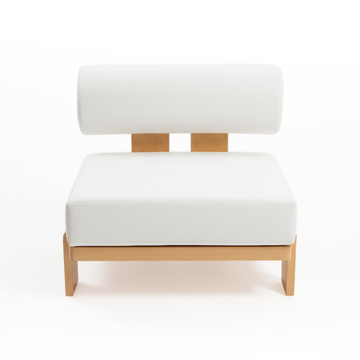 Modica 5 Seater Aluminium Outdoor Sofa Set in White features a low-profile lounge chair with squared white cushions on a light-wood frame, offering modern comfort and style for outdoor relaxation.