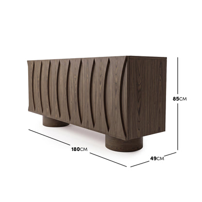 Dark wood sideboard on white background with dimensions labeled 180cm by 49cm by 85cm