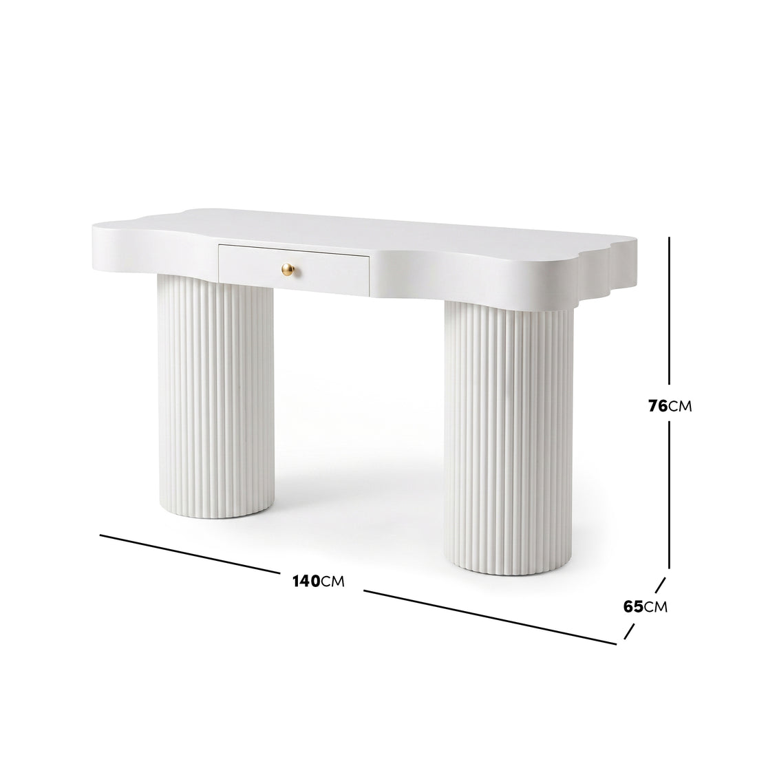 White modern desk with scalloped top and fluted legs shown with dimension measurements on a white background