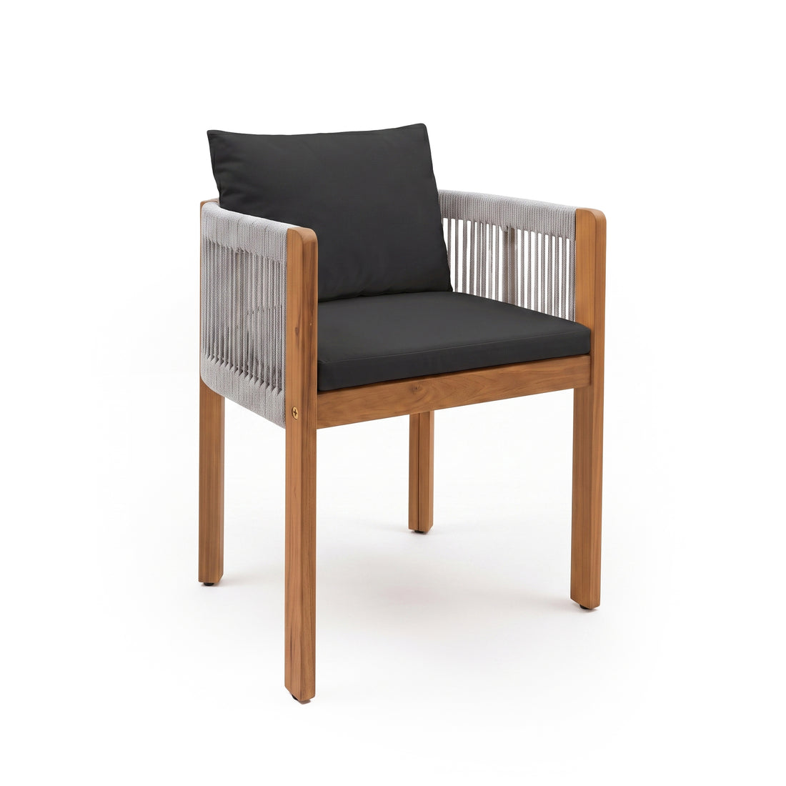 Contemporary wooden armchair with rope detailing on a white background