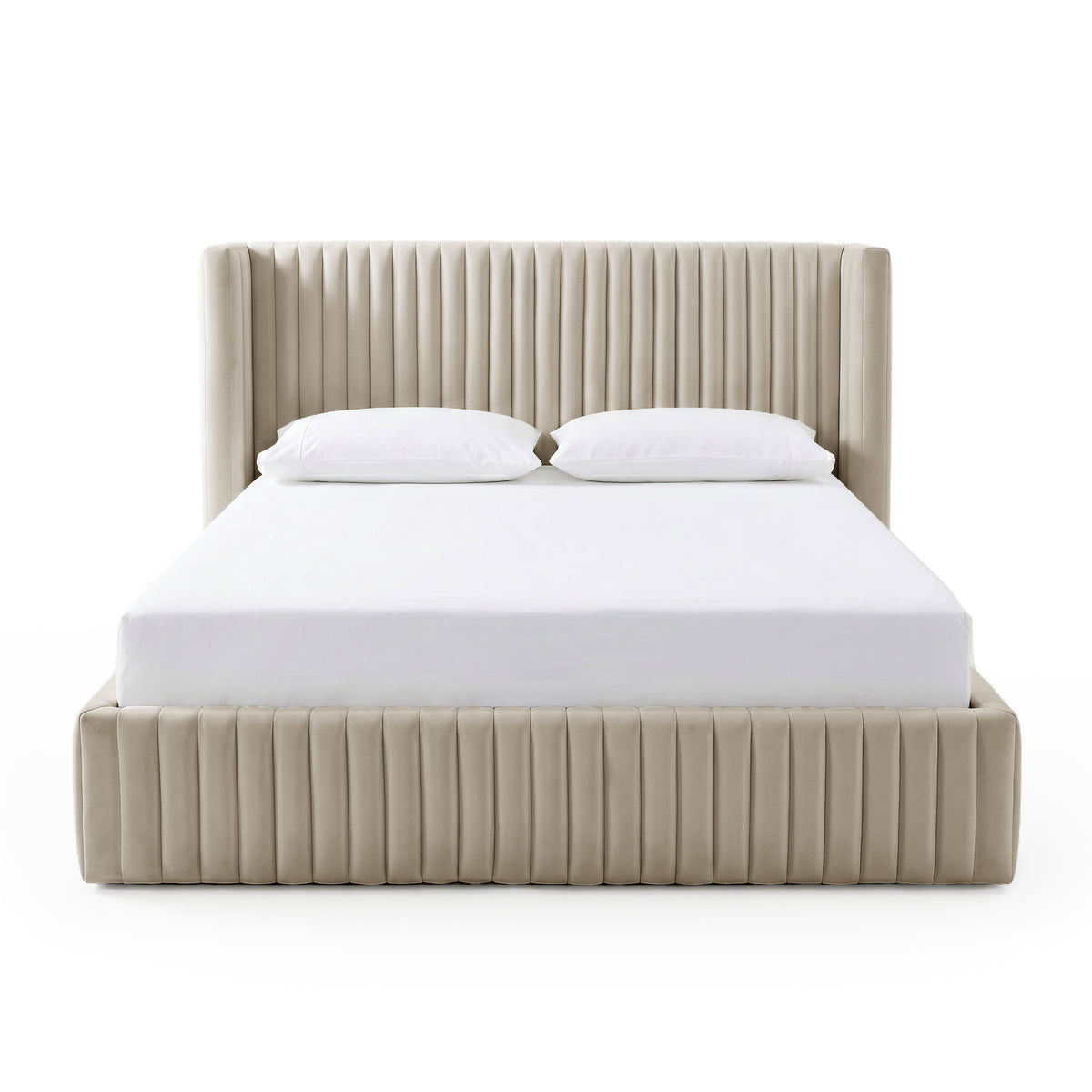 Front view of beige upholstered bed with vertical channel tufting