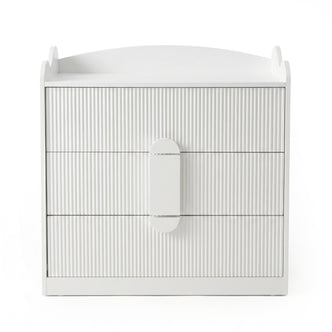 White three-drawer dresser on a white background, front view
