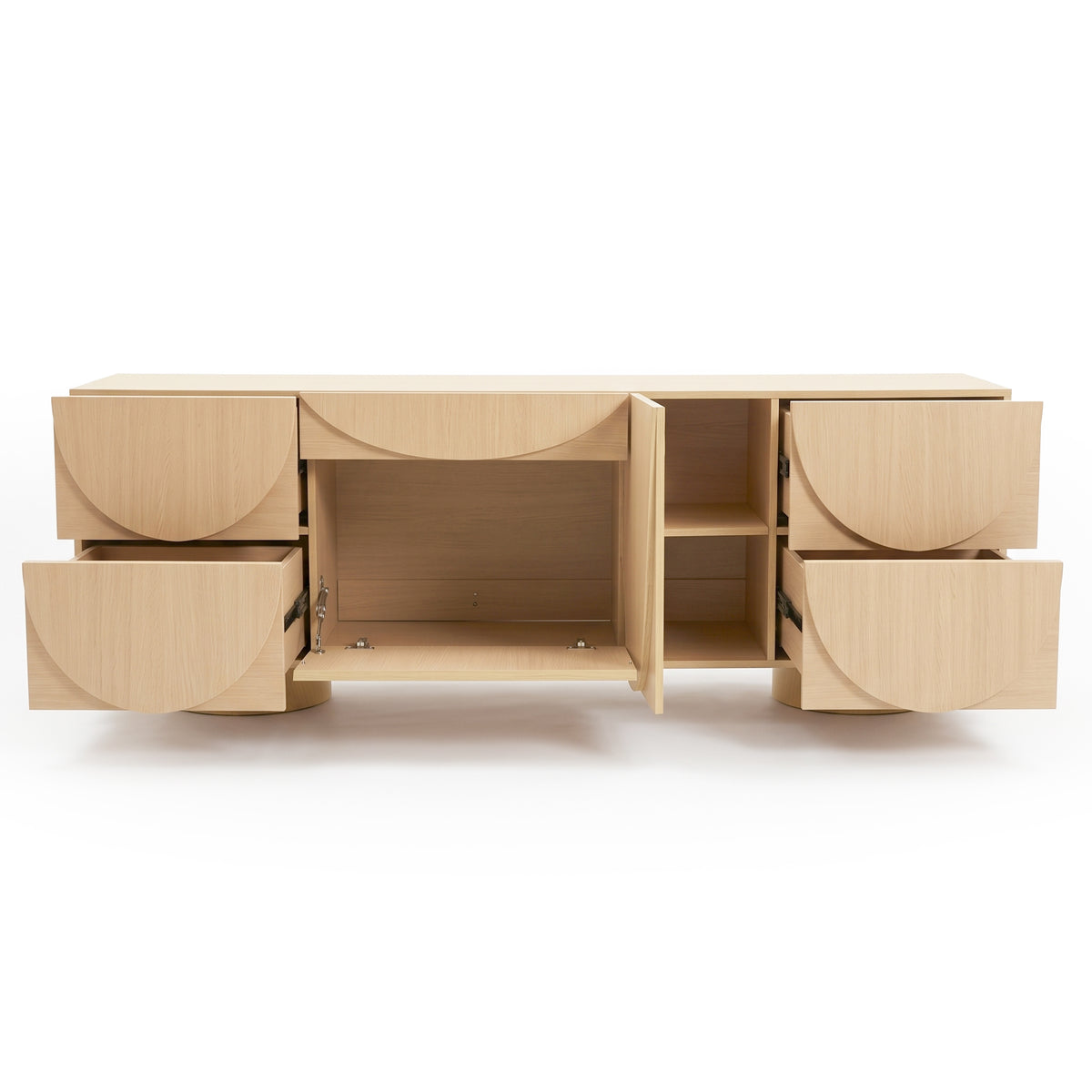 Open wooden sideboard showing internal shelves and storage on white background