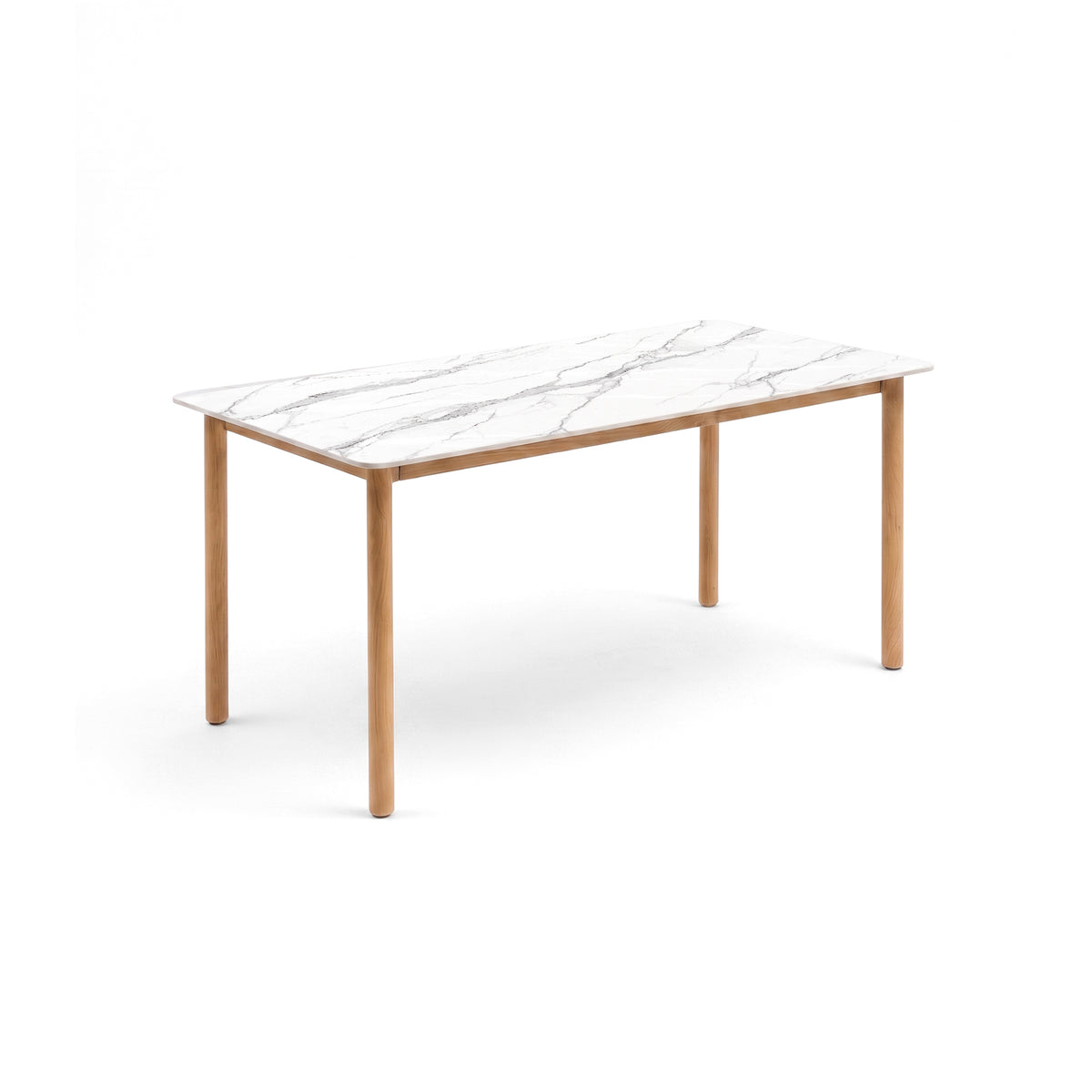 Rectangular dining table with marble-effect top and cylindrical wooden legs on a white background