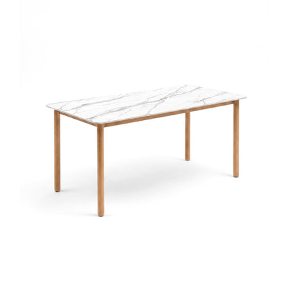 Rectangular dining table with marble-effect top and cylindrical wooden legs on a white background