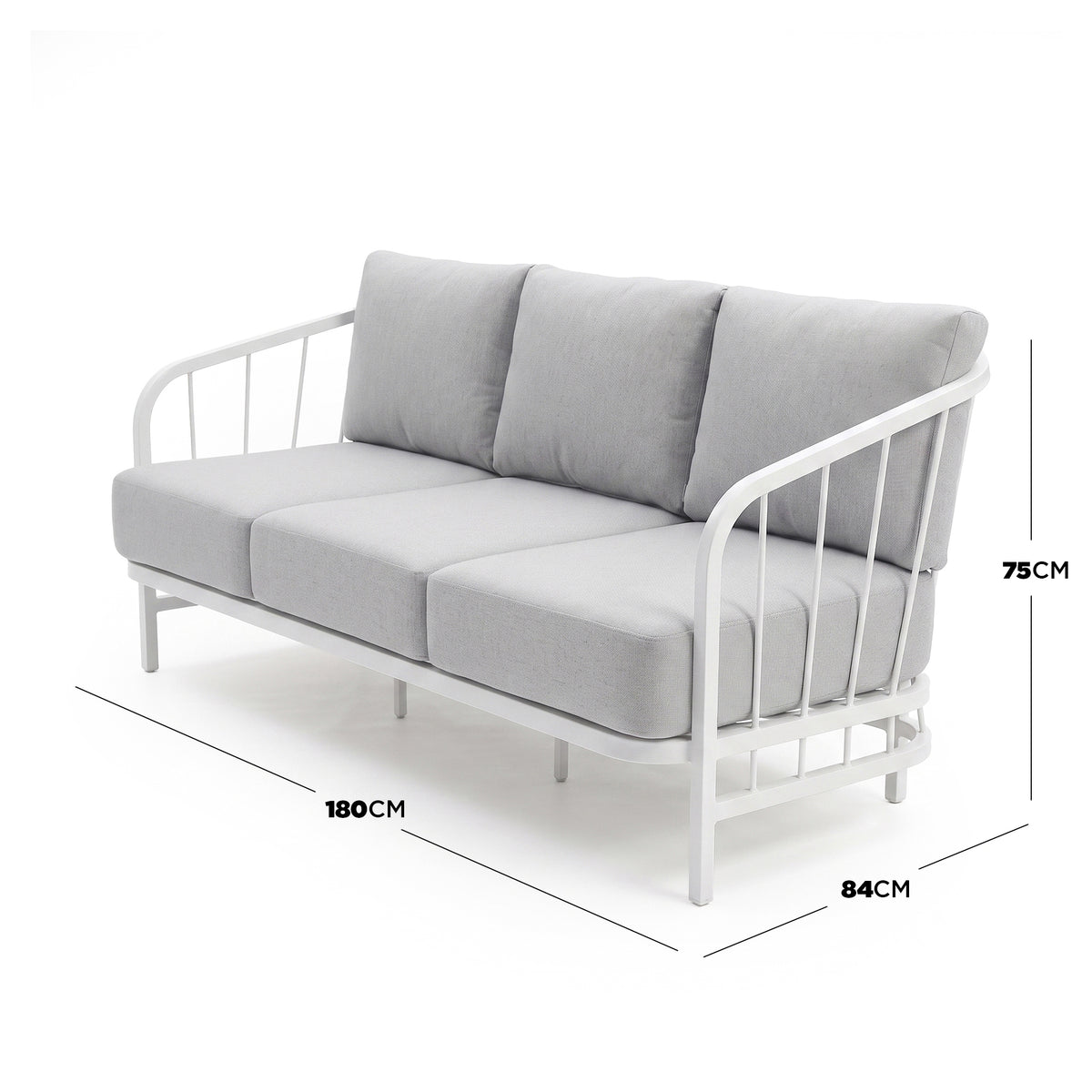 Three-seater sofa on white background with width, depth, and height measurements displayed