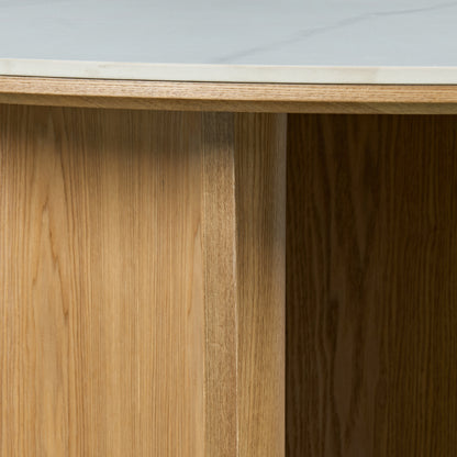 Close-up of table edge and wooden base with marble-like top