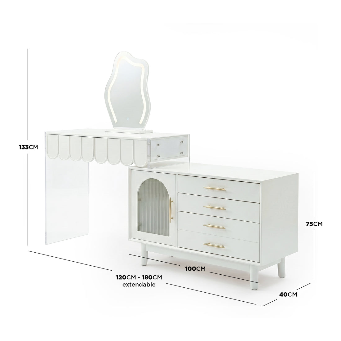 Product shot of white vanity set with gold hardware showing height, width, and depth measurements