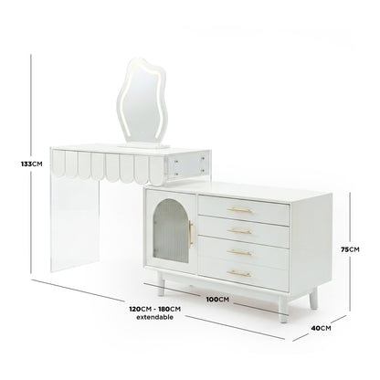 Product shot of white vanity set with gold hardware showing height, width, and depth measurements