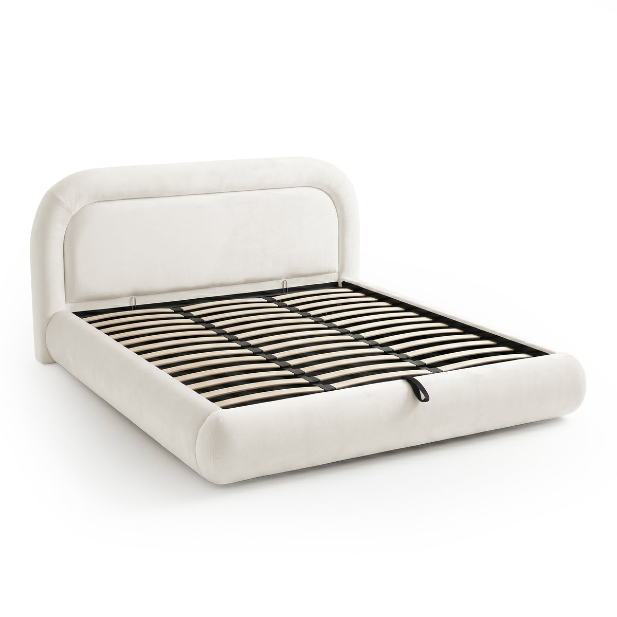 Upholstered bed base with exposed wooden slats and metal center support on white background