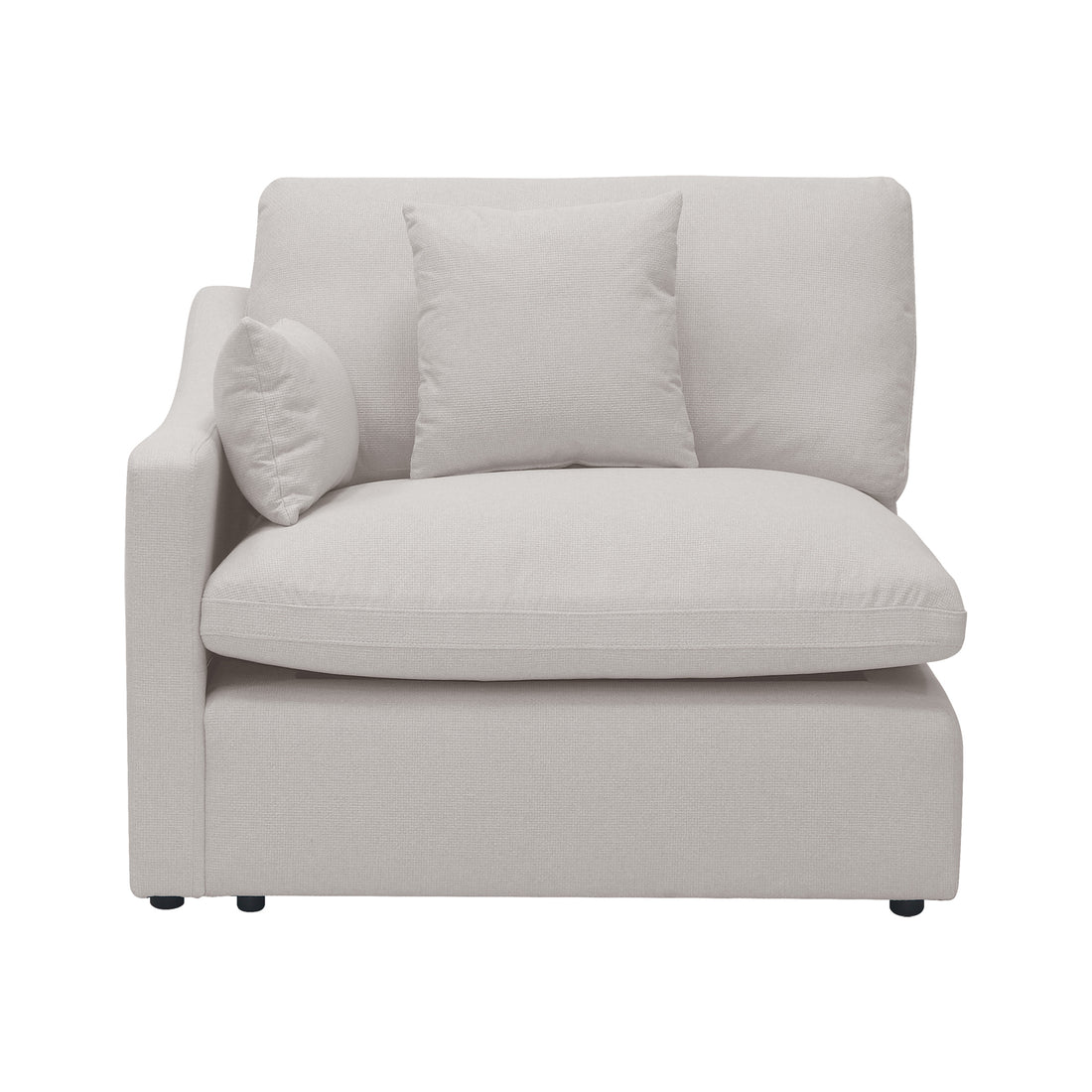 Light beige modular corner chair with plush cushions and two throw pillows on a white background