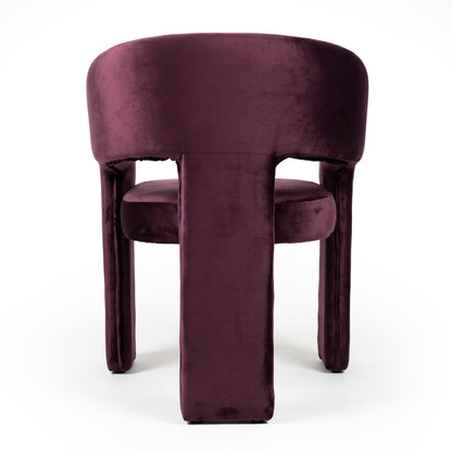 Back view of full plum velvet chair on white background