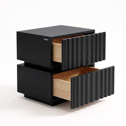 Black two-drawer nightstand with open drawers showing a wood interior on a white background.