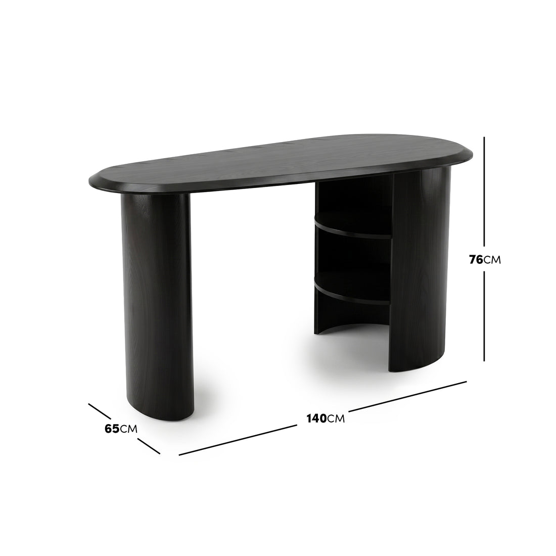 Black desk on white background with width, depth, and height measurements shown