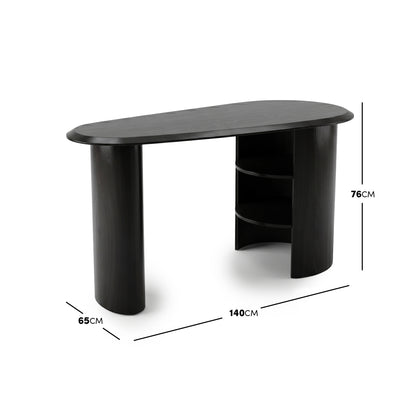 Black desk on white background with width, depth, and height measurements shown