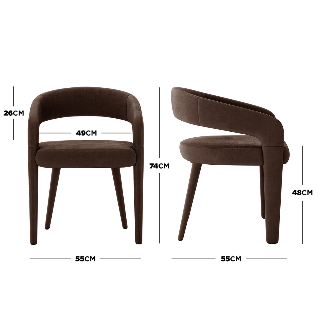 Eisha Velvet Dining Chair Set of 2 in Deep Mocha Brown, featuring a curved backrest, padded cushion, and four tapered legs, shown with dimensions, offering plush comfort and modern style.