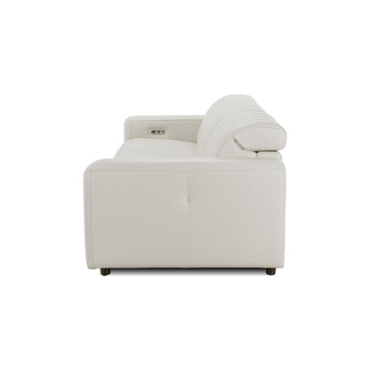 Side profile of a white leather sofa on a white background.