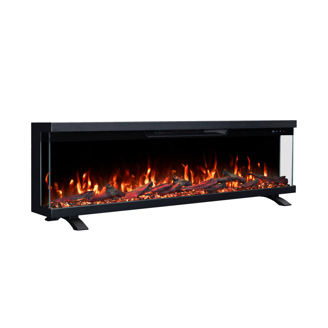 Electric fireplace full view on white background showing glowing ember logs and black frame.