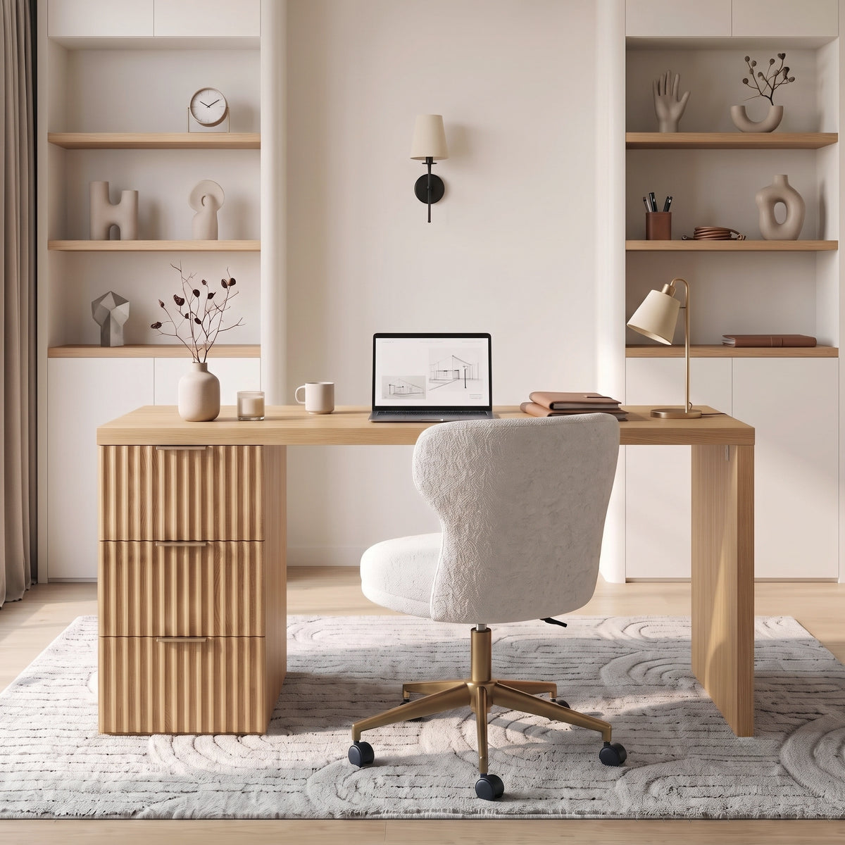 Light wood desk styled in a modern home office with chair and decor