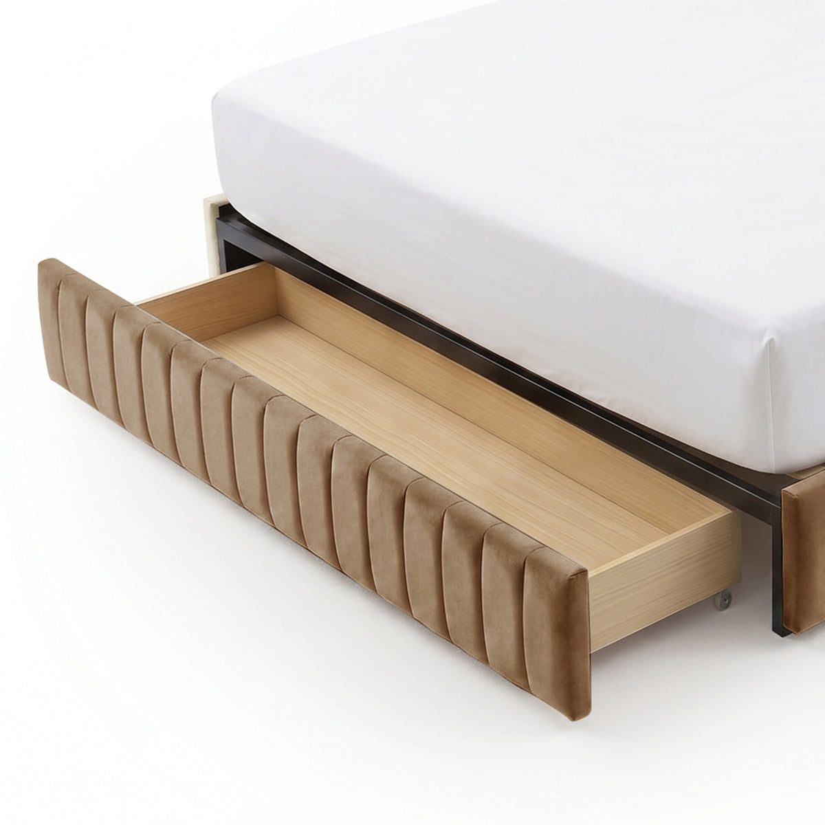 Under-bed storage drawer pulled out from beige upholstered bed base on white background