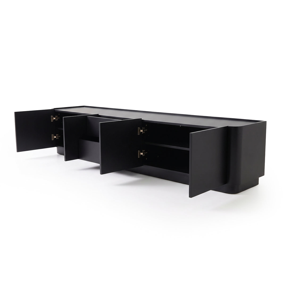 Black TV stand with open doors on a white background