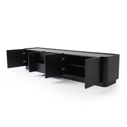 Black TV stand with open doors on a white background