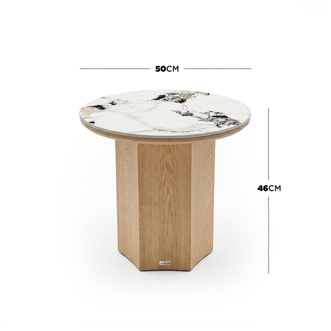 Round side table on white background with measurements showing 50 cm diameter and 46 cm height