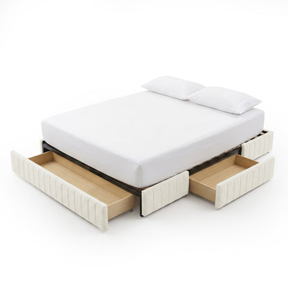 Upholstered bed with four open storage drawers on white background