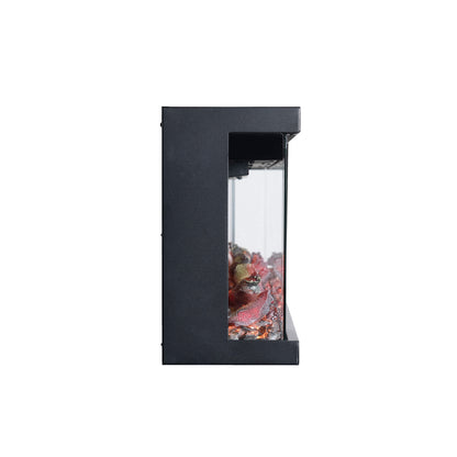 Side view of electric fireplace showing the profile of the black frame and glass panels.