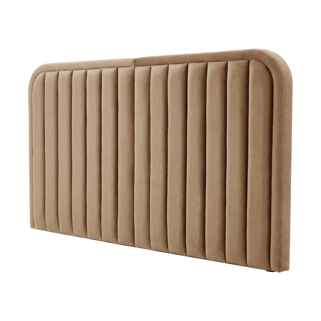 Beige upholstered headboard with vertical channel tufting on white background