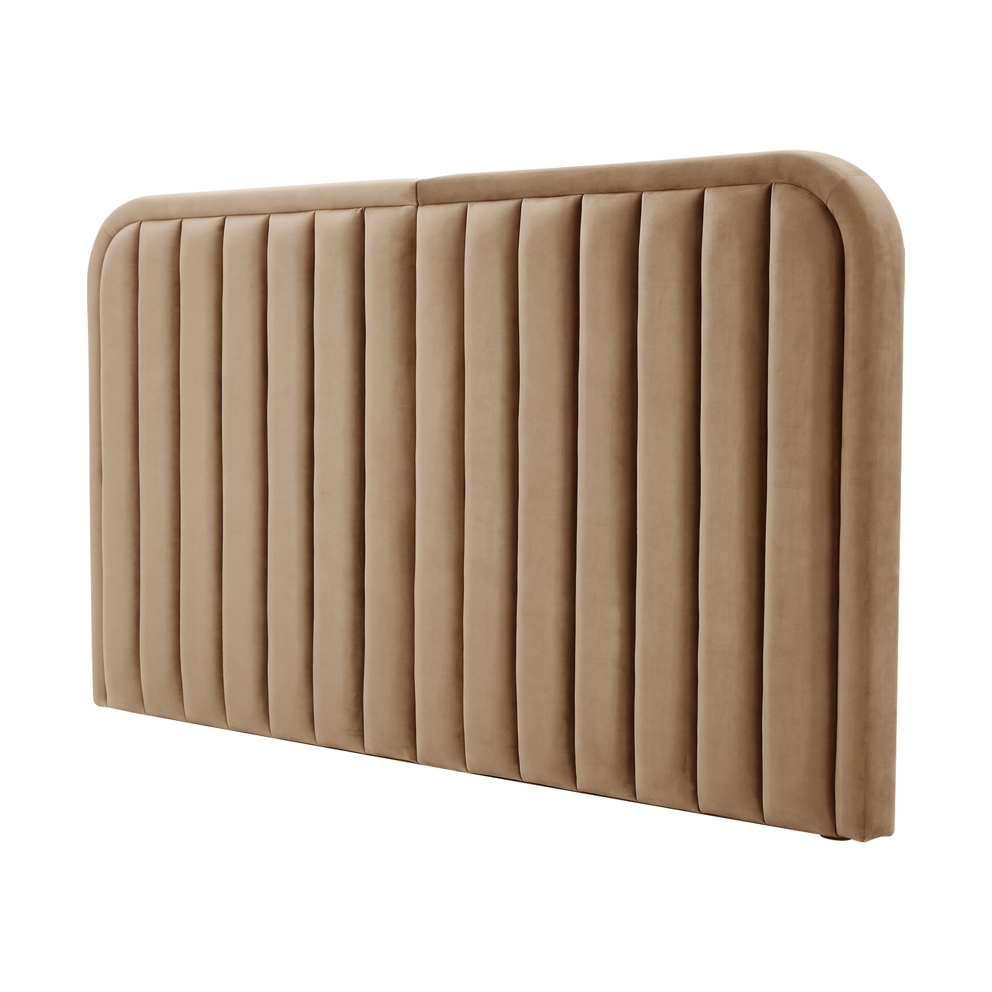 Beige upholstered headboard with vertical channel tufting on white background