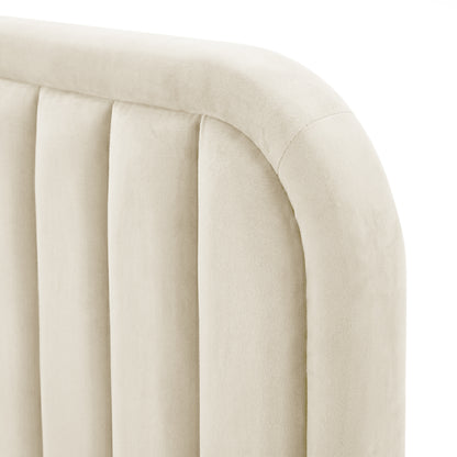 Close-up of beige upholstered fabric headboard channel detail on white background
