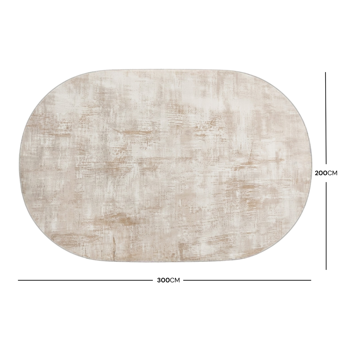Oval beige rug shown in full on white background with 200cm by 300cm dimensions labeled